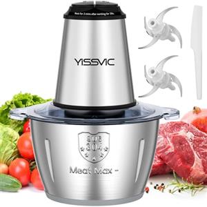 YISSVIC Tritatutto da Cucina Elettrico 2L, 500W, 2 Velocità, 2×4 Lame, Ciotola in Acciaio Inox, Anello Antiscivolo, Lavabile in Lavastoviglie, per Frutta Verdura Carne Spezie