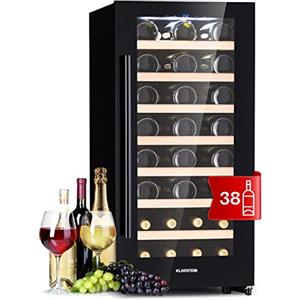 Klarstein Cantinetta Vino Refrigerata a Zona Singola per Interno/Esterni, Frigo Bar, Cantina Vino con Vetrina, Mini Frigo con Protezione UV, Frigorifero Piccolo Touch Control 5-18°C 38 Bottiglie