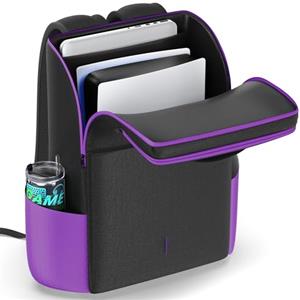 Rysker Zaino per Console PS5/ Slim/ Pro, Custodia PS5 con Protezione Completa per PS5, Borsa PS5 di Grande Capacità per Controller, PS Portal, Laptop, Schede di Gioco, Zaino PS5 con 3 Tasche per Cavi (Viola)