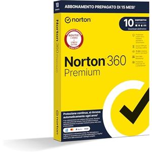 NORTONLIFELOCK Norton 360 Premium 2025, Antivirus 10 dispositivi, 15 mesi rinnovo automatico,prodotto fisico