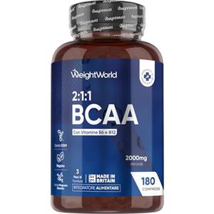 WeightWorld BCAA 2 1 1 Aminoacidi Ramificati 2000mg, Leucina, Valina, Isoleucina, Vitamina B6, Vit B12, Aminoacidi Essenziali Pre Workout, Intra e Post Workout, 180 BCAA Compresse Vegane, Senza Magnesio Stearato