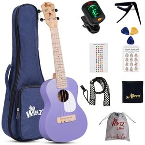 Winzz Ukulele per bambini concerto, ukulele per adulti principianti set, 23 pollici, con 9 accessori, piccola chitarra per bambini principianti 4 corde (colore: viola, legno)