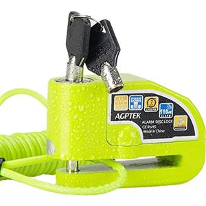 AGPTEK Bloccadisco Antifurto Moto Impermeabile con Allarme Sonoro 110dB, Blocca disco in lega di zinco per moto, bici e monopattino, 2 chiavi e 1,5m Reminder Cavetto