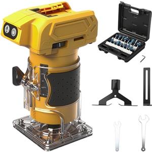 Roadtime Router cordless compatibile con batteria Dewalt da 20 V (senza batteria), decespugliatore per legno senza spazzole da 800 W con 10000-30000 giri/min a 5 velocità, guida dritta e 15 punte di fresatura