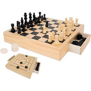Generico Gioco Scacchi Dama Tria in Legno 3in1 Scacchiera in Legno Pedine in Legna con Cassetti Estraibili Porta Pezzi e Pedine Chess Checkers Tria Board Set Scacchiera Scacchi Dama e Tria per Bambini e Adulti