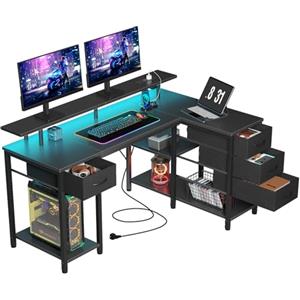 Seventable Scrivania a forma di L con 4 Cassetti, Scrivania Gaming con LED e Prese, Scrivania con Cassetti per Home Office, Camera o Gaming (Nero, 140 cm)