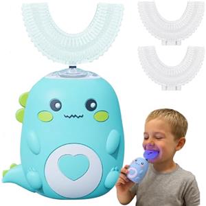 QIAKEFE Spazzolino da denti elettrico a 360º per bambini, spazzolino da denti elettrico con 2 testine in silicone a forma di U, ricaricabile e impermeabile, per casa, viaggi, uso (verde 2-6 anni)