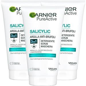 Garnier PureActive Salicylic Argilla Anti-Brufoli 3in1 Detergente Scrub Maschera Viso Purificante Esfoliante Opacizzante con Acido Salicilico e Niacinamide - 3 Flaconi da 150ml