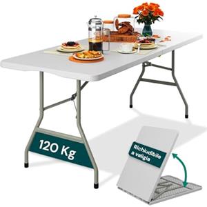 Avilia - Tavolo Pieghevole da Pranzo Salvaspazio per Cucina e Soggiorno, Richiudibile e Portatile con Blocco di Sicurezza, Superficie in HDPE per 6 Persone, 180x70x74 cm Bianco