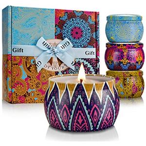 YINUO LIGHT Candele Profumate Set da 4 Pezzi in Latta 500g Cera di Soia con Fragranza di Fiori Lavanda Fico per la Casa Aromaterapia per lei, Compleanno Regalo per Donna o Fidanzata Festa Della Mamma