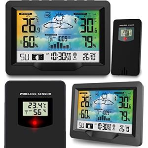 BERDSEN Stazione meteo con display BD-901, misurazione della temperatura esterna e interna, funzione di allarme snooze, ricarica della batteria, sincronizzazione dell'ora, nero