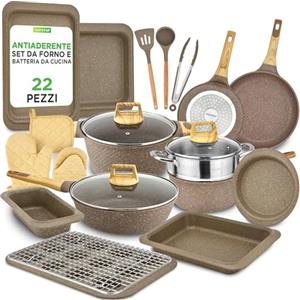 NutriChef Set 22 Pezzi Pentole, Padelle e Teglie da Forno in Marmo Antiaderente con Utensili Resistenti al Calore per Cucina Professionale