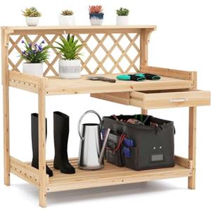 RELAX4LIFE Tavolo da Lavoro da Giardino con Griglia a Traliccio, Ripiano Superiore e Inferiore, Cassetto, Stazione di Lavoro in Legno per Vasi, Patio, Balcone, Serra