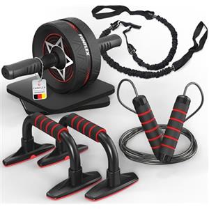 FUNFLEX Set Fitness 6 Pezzi - AB Roller, Maniglie Push-up, Fasce di Resistenza, Corda per Saltare, Ginocchiere - Allenamento Completo a Casa
