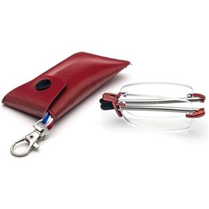 KoKoBin Occhiali da lettura pieghevoli senza montatura con asta telescopica e portachiavi in pelle, lettore portatile anti luce blu per uomini e donne (Rosso, 3.5, Diottria)