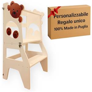 MINDWOOD Torre Montessoriana Personalizzabile per Bambini da 18 Mesi a 6 Anni, Scala Montessoriana in Legno per l'Apprendimento, Trasformabile in Tavolo - Made in Italy (Orsetto, Avorio)