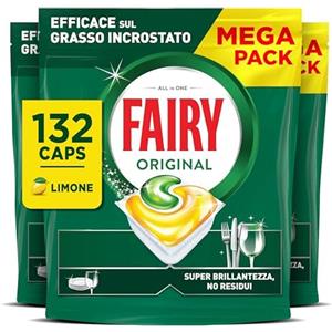 Fairy Detersivo Pastiglie Lavastoviglie Brillantante, 132 Capsule Lavastoviglie, Original Limone, Azione Pulente Al Primo Lavaggio, Efficace Sul Grasso Incrostato Con Azione Brillante