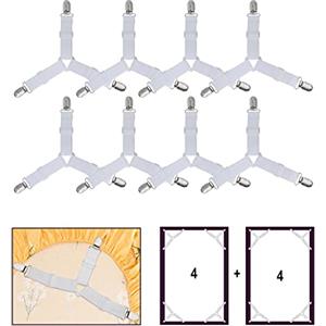 WADEO Clip Forti 8 Pezzi per Lenzuola, Blocca Lenzuola Angoli con Bretelle Regolabili, Fermalenzuolo Matrimoniale, Ganci per Lenzuola con Angoli, Adatto Tutti i Materassi (Bianco)