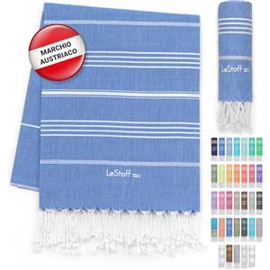 LeStoff Telo mare, 100% Cotone bio, 95 x 180 cm, Prelavato, Assorbente, Asciugatura Rapida, Leggero, Fouta, Telo Spiaggia, Telo Bagno, Telo Yoga, Telo Sauna, Asciugamano Sportivo, Coperta (Sky Blue)