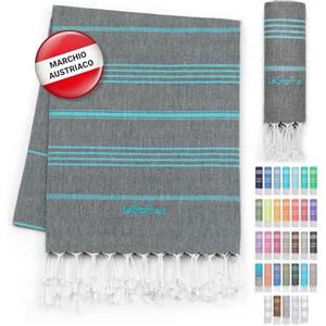 LeStoff Telo mare, 100% Cotone bio, 95 x 180 cm, Prelavato, Assorbente, Asciugatura Rapida, Leggero, Fouta, Telo Spiaggia, Telo Bagno, Telo Yoga, Telo Sauna, Asciugamano Sportivo (Anthracite - Aqua)