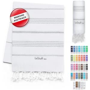 LeStoff Il tradizionale asciugamano da hammam, telo da spiaggia, telo da sauna, asciugamano da doccia, spa, yoga, viaggi, fibra naturale, cotone l'alternativa sostenibile per la spugna (100 x 180 cm, bianco - argento), 124