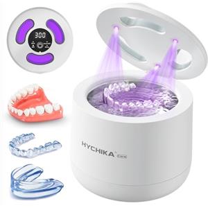 HYCHIKA BETTER TOOLS FOR BETTER LIFE Pulitore Ultrasuoni Apparecchio Denti con Sterilizzatore UV,Alta Frequenza a 45 kHz Clean Pod,4 Modalità per Apparecchi Ortodontici, Bite Notturni, Allineatori ecc.,200 ml,Bianco