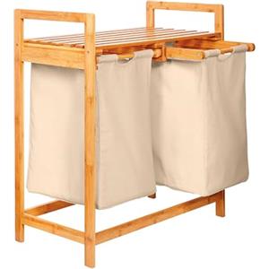 Lumaland Cesto per il bucato in bambù con 2 sacchi per il bucato estensibili | Dimensioni circa 73 cm di altezza x 64 cm di larghezza x 33 cm di profondità [Beige]