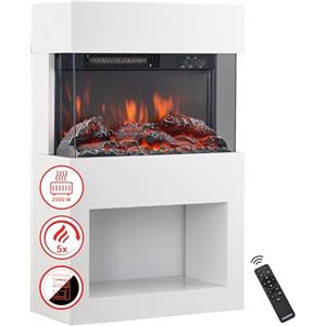 KAMINIO Camino elettrico HENRI - Stufa elettrica con riscaldamento, effetto fiamma 3D, vano portalegna, luce ambiente a LED, telecomando (Bianco)
