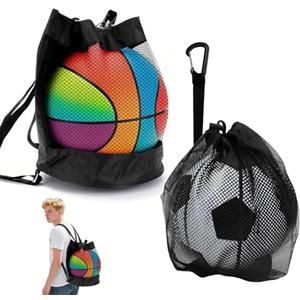 Anrbb Borsa Rete per Palloni Sportivi 2 in 1, Rete per 1 Pallone con Cordoncino e Gancio, Zaino Basket Impermeabile Pieghevole, Borsa Leggera per Calcio Tennis Volley, Zaino Calcio per Bambini Adulti Scuola