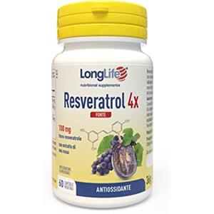 LongLife® Resveratrol 4x Forte | Trans-resveratrolo puro (Veri-te®) e uva rossa | 4 volte più forte | Cuore e circolazione | 60 capsule | Vegano e senza glutine