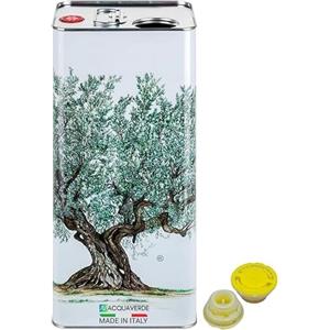 acquaverde | 1 Lattina per Olio di Oliva, Latta Bianca con Albero, in Metallo, Contenitore Alimentare da 5 Litri con Doppio Tappo e Maniglia