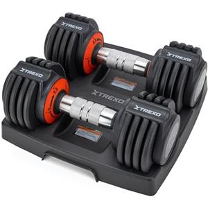 TREXO Set di 2 manubri regolabili in acciaio da 5,75 kg con manico antiscivolo, ideale per l'allenamento della forza a casa e in palestra, set di manubri corti con base stabile