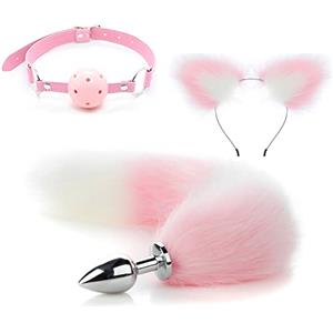 ZJPOJPH Plug anale in acciaio inossidabile con coda di volpe, fascia for orecchie di volpe, bavaglio, set da 3 pezzi, plug anale, dildo anale, pallina anale, giocattoli sessuali for donne e coppie(L)