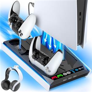Tokluck Supporto PS5 con Ventola di Raffreddamento Automatica, Base PS5 Slim con Controller di Ricarica PS5, Stazione Ricarica Controller PS5 per Controller PS5 & Edge & PS5 PRO, Accessori PS5/ PS5 Slim