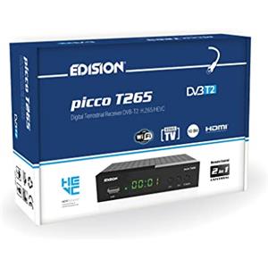 EDISION PICCO T265 Decoder Digitale Terrestre 2024 Full HD DVBT2 H265 HEVC 10 Bit Bonus TV, FTA, USB, HDMI, SCART, Sensore IR, Supporto USB WiFi, Telecomando Universale 2in1, Main 10