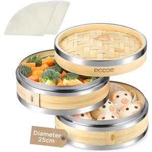 ecooe Vaporiera a 2 ripiani in bambù, cestelli da 25 cm con bordo rinforzato in acciaio inox, 2 tappetini in cotone inclusi