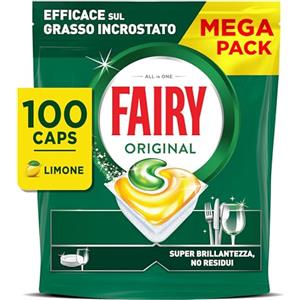 Fairy Original Pastiglie Lavastoviglie, 100 Capsule, Limone, Detersivo Con Azione Pulente Al Primo Lavaggio, Efficace Sul Grasso Incrostato Con Azione Brillante