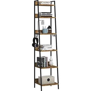 WOLTU Libreria a 6 Ripiani, Scaffale con 4 Ganci Industriale, Scaffale a Scala in MDF e Metallo per Soggiorno, Cucina, Studio, Ufficio,Nero,41x36x187cm RGB930hov