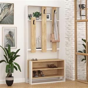 Totò Piccinni Mobile Ingresso BRANDO Appendiabiti in legno con 3 Ganci e 2 Vani (Bianco/Naturale)