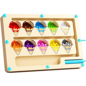 Omnikryp Labirinto Magnetico Montessori, Numeri Gelato Gioco di Puzzle del Labirinto dai 2 ai 5 anni, Lavagna Magnetica Educativa in Legno per Bambini per Colori e Numeri Gioco di Smistamento