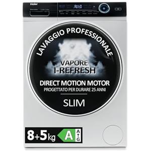 Haier I-Pro Serie 7 Lavasciuga Slim 8+5 Kg, Libera Installazione, Carica Frontale, 59,5 x 56 x 85 cm, 1400 Giri, Classe A/D, Trattamento Antibatterico, Rilevamento Carico, Bianca - HWD80-B14979