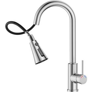 SREWOHS PRO Rubinetto da cucina Spring Arc Alto, 360° Rotante, 4 Modalità Spring Miscelatore Cucina, Acciaio Inox Spazzolato, Adatto per Lavelli a 1 Foro, Rubinetteria Commerciale (C -38.6CM)