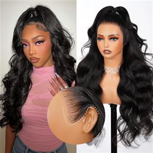 MEGALOOK Parrucca Donna Capelli Veri 13x6 HD Lace Front Wig Human Hair Upgraded Ear-To-Ear Frontal Glueless Wigs 12A Pre Plucked Pre-Bleached Pre-Cut Body Wave Drawstring Wig with Ear Tapes 24 Inch