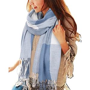 heekpek Sciarpa Donna Invernale Elegante Lunghe Sciarpa Tartan Calda Morbida Colorata Scialle Donna Invernale Cashmere con Frange, Blu e bianco