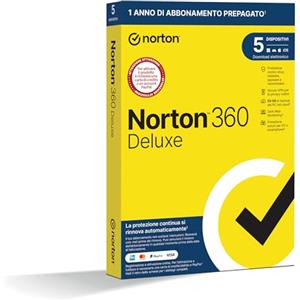 NORTONLIFELOCK Norton 360 Deluxe 2026, Antivirus 5 dispositivi, 1 anno rinnovo automatico,prodotto fisico