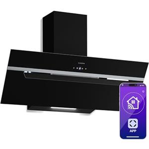 Klarstein BigBite 90 - Cappa da Cucina, 90cm, Cappa Aspirante, Controllo WiFi & Touch, 305 m³/ora in Ricircolo, Efficienza Energetica A++, Cappa con LED, Nera, Scarico & Ricircolo