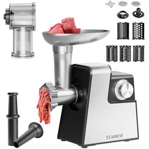 Stanew Tritacarne Elettrico STANEW 2500W - Robot da Cucina con 5 Lame Professionali (Taglio Onda/Grattugia) + Accessori Salsiccia/Biscotti, Design Compatto per Carne, Verdure e Formaggio