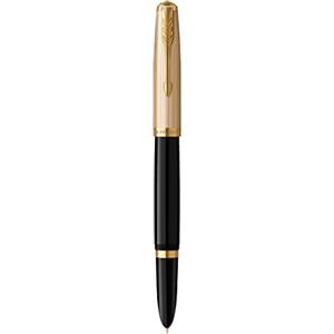 Parker 51 stilografica | Corpo nero deluxe con finiture in oro | Pennino sottile in oro 18 ct con cartuccia di inchiostro nero | Confezione regalo