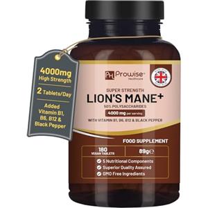 PH PROWISE Healthcare Integratore di fungo criniera di leone 4000 mg con vitamina B1, B6, B12 e pepe nero - 180 compresse vegane super potenti con il 50% di polisaccaridi | Prodotto nel Regno Unito da Prowise