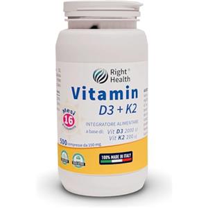 Right Health VITAMINA D3 K2: Alto dosaggio vitamina D (2000 UI) e K MK7 (200µg) 500 compresse, (16 mesi), 1 cpr al gg. Salute ossa, muscoli, denti e sistema immunitario, migliorando deposito di Calcio